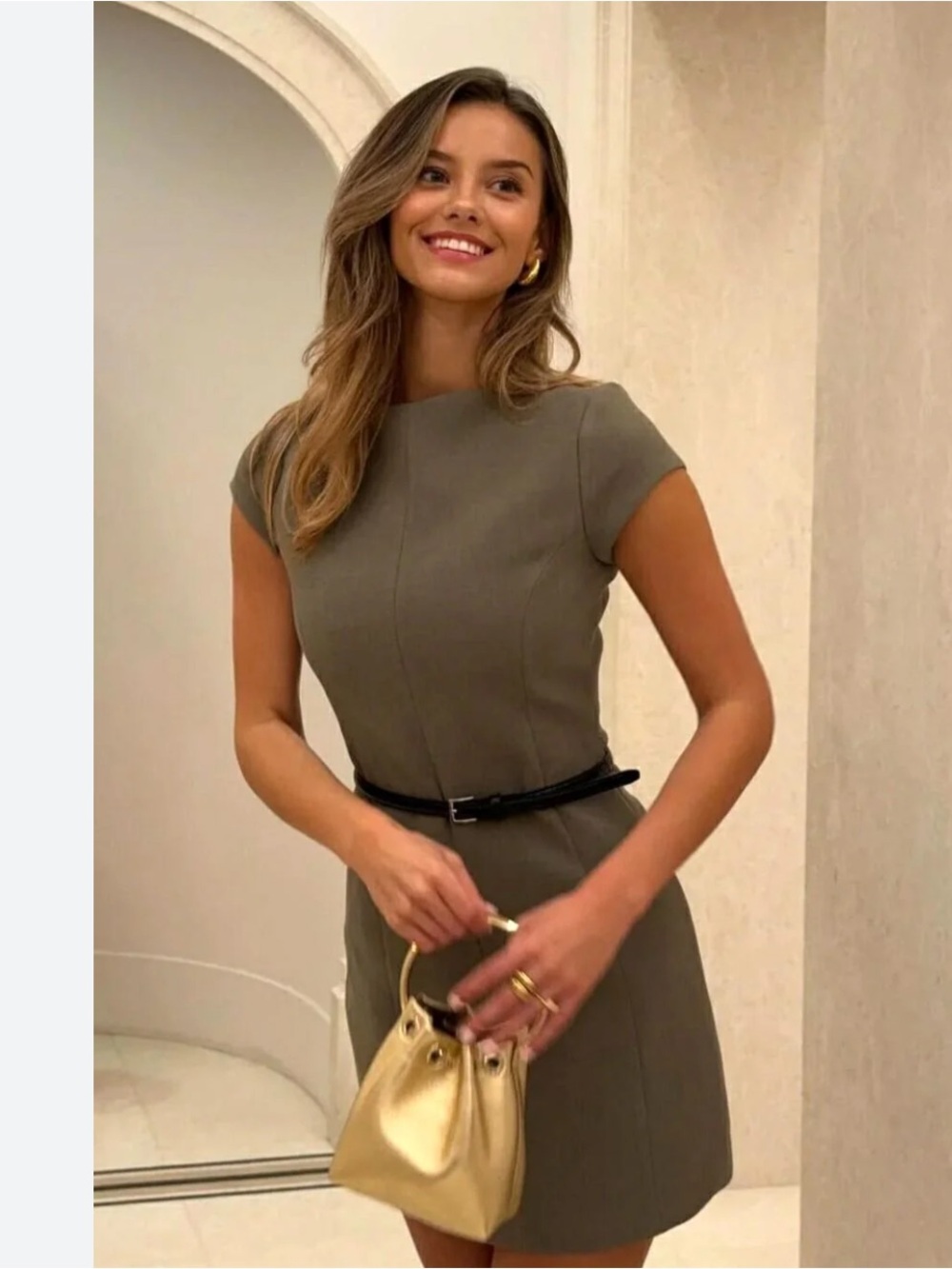 Zara Olive Green Fit-and-Flare Mini Dress with Black Belt